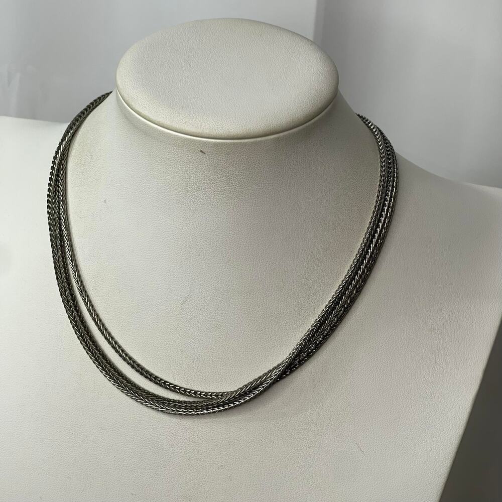 Burnished silver tone necklace three strands w magnetic closure classic
